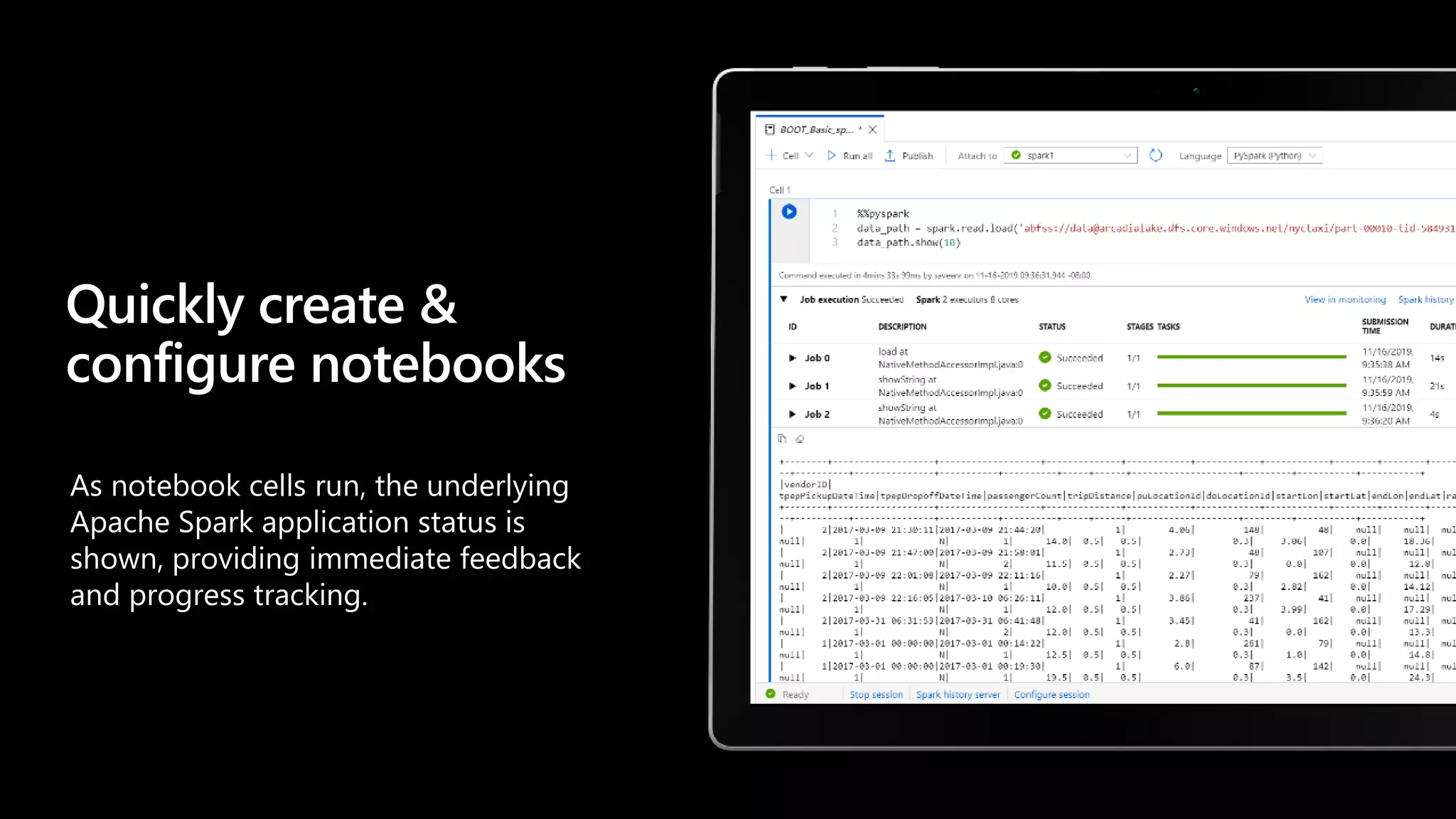 As notebook cells run, the underlying
Apache Spark application status is
shown, providing immediate feedback
and progress tracking.
Quickly create &
configure notebooks
 