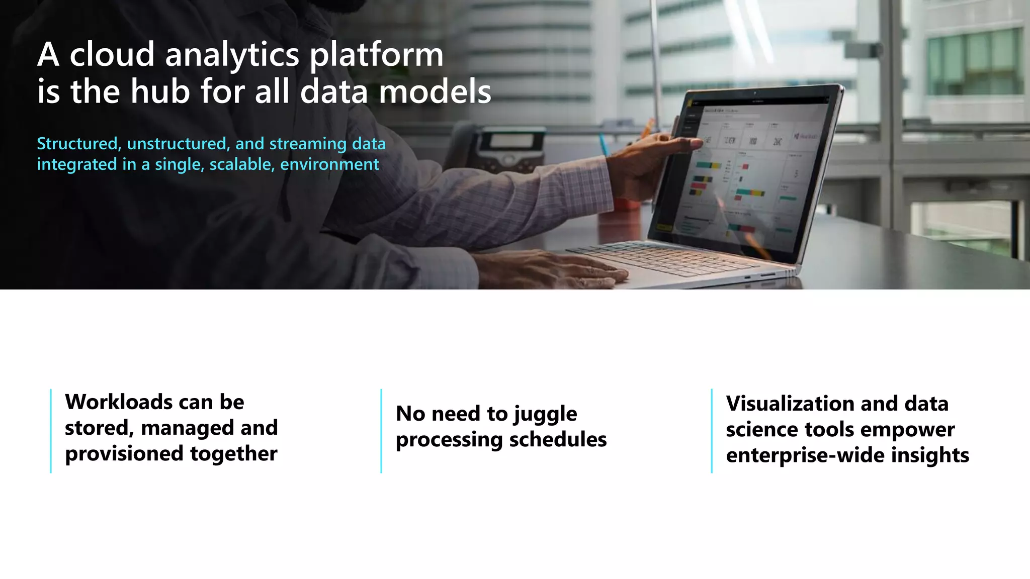 Structured, unstructured, and streaming data
integrated in a single, scalable, environment
A cloud analytics platform
is the hub for all data models
 