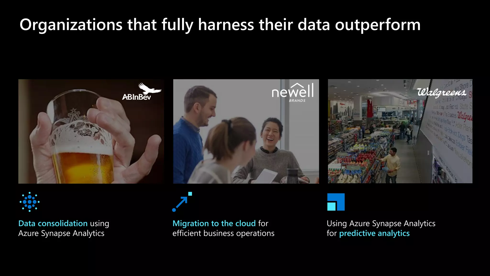 Data consolidation using
Azure Synapse Analytics
Migration to the cloud for
efficient business operations
Using Azure Synapse Analytics
for predictive analytics
Organizations that fully harness their data outperform
 