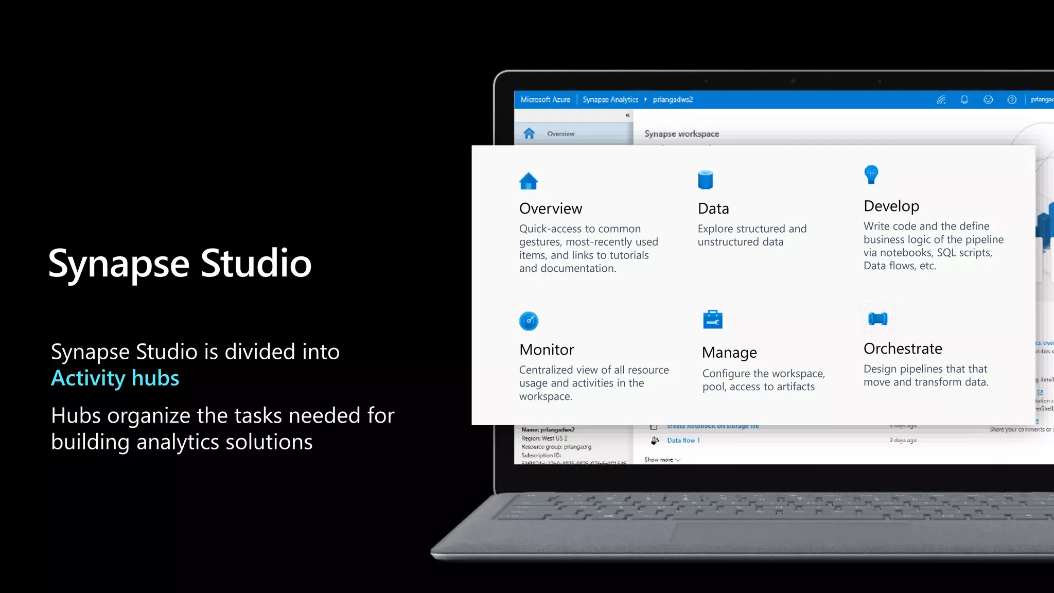Synapse Studio is divided into
Activity hubs
Hubs organize the tasks needed for
building analytics solutions
Synapse Studio
Overview Data
Monitor Manage
Quick-access to common
gestures, most-recently used
items, and links to tutorials
and documentation.
Explore structured and
unstructured data
Centralized view of all resource
usage and activities in the
workspace.
Configure the workspace,
pool, access to artifacts
Develop
Write code and the define
business logic of the pipeline
via notebooks, SQL scripts,
Data flows, etc.
Orchestrate
Design pipelines that that
move and transform data.
 