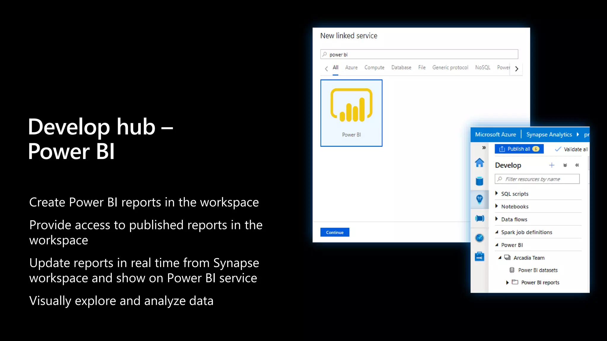 Develop hub –
Power BI
Create Power BI reports in the workspace
Provide access to published reports in the
workspace
Update reports in real time from Synapse
workspace and show on Power BI service
Visually explore and analyze data
 