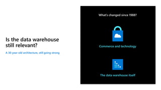 Is the data warehouse
still relevant?
The data warehouse itself
Commerce and technology
What’s changed since 1988?
A 30-ye...