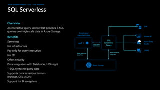 Overview
An interactive query service that provides T-SQL
queries over high scale data in Azure Storage.
Benefits
Serverless
No infrastructure
Pay only for query execution
No ETL
Offers security
Data integration with Databricks, HDInsight
T-SQL syntax to query data
Supports data in various formats
(Parquet, CSV, JSON)
Support for BI ecosystem
Azure Storage
SQL
Serverless
Query
Power BI
Azure Data
Studio
SSMS
DW
Read and write
data files
Curate and
transform data
Sync table
definitions
Read and write
data files
Azure Synapse Analytics > SQL > SQL serverless
 