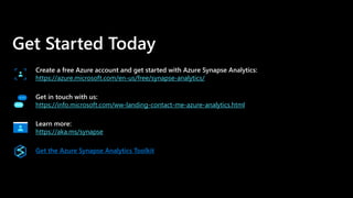 Get Started Today
Create a free Azure account and get started with Azure Synapse Analytics:
https://azure.microsoft.com/en-us/free/synapse-analytics/
Get in touch with us:
https://info.microsoft.com/ww-landing-contact-me-azure-analytics.html
Learn more:
https://aka.ms/synapse
Get the Azure Synapse Analytics Toolkit
 
