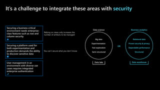 ©Microsoft Corporation
Azure
It’s a challenge to integrate these areas with security
Big data
Experimentation
Fast exploration
Semi-structured
Data science
OR
Relational data
Proven security & privacy
Dependable performance
Structured
Business analytics
Data lake Data warehouse
Securing a business-critical
environment needs enterprise-
class features such as row and
column security
Relying on views only increases the
number of artifacts to be managed
Securing a platform used for
both experimentation and
production demands the ability
to discover sensitive data
You can’t secure what you don’t know
User management in an
environment with diverse use
cases requires integrated
enterprise authentication
 