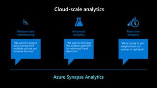 t the core of all use cases is…Azure Synapse Analytics
Real-time
analytics
Modern data
warehousing
Advanced
analytics
"We want to analyze
data coming from
multiple sources and
in varied formats"
"We want to leverage
the analytics platform
for advanced fraud
detection"
“We’re trying to get
insights from our
devices in real-time”
Cloud-scale analytics
 