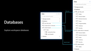 SQL pool
SQL serverless
Apache Spark
Explore workspace databases
Databases
 