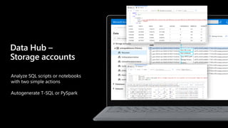Analyze SQL scripts or notebooks
with two simple actions
Autogenerate T-SQL or PySpark
Data Hub –
Storage accounts
 