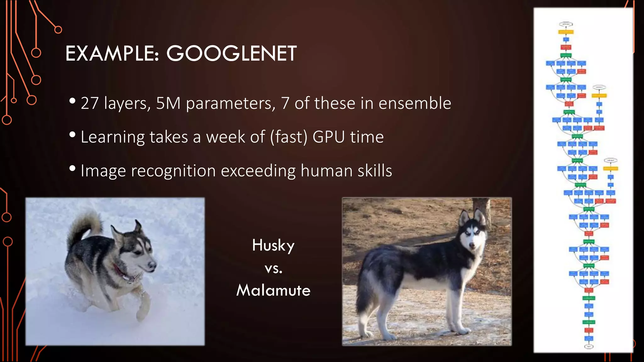 EXAMPLE: GOOGLENET
• 27 layers, 5M parameters, 7 of these in ensemble
• Learning takes a week of (fast) GPU time
• Image recognition exceeding human skills
Husky
vs.
Malamute
 