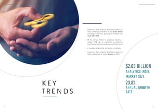 K E Y
T R E N D S
•	 Analytics/ Data science/ Big Data industry in
India currently estimated to be $2.03 Billion
annually in revenues, growing at a healthy rate
of 23.8% CAGR.
•	 Of the annual inflow to analytics industry –
almost 12% can be attributed to advanced
analytics/ predictive modeling and Data science
•	 A sizeable 24% can be attributed to big data.
•	 Analytics/ Data science/ Big Data industry in
India is expected to almost double by 2020.
$2.03 BILLION
ANALYTICS INDIA
MARKET SIZE
23.8%
ANNUAL GROWTH
RATE
1 2 1 3
Analytics India Industry Study 2017 By Analytics India Magazine & Analytixlabs
 