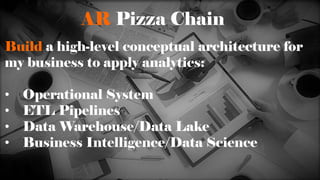 Build a high-level conceptual architecture for
my business to apply analytics:
• Operational System
• ETL Pipelines
• Data Warehouse/Data Lake
• Business Intelligence/Data Science
AR Pizza Chain
 