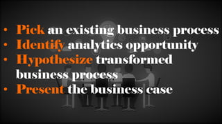 • Pick an existing business process
• Identify analytics opportunity
• Hypothesize transformed
business process
• Present the business case
 