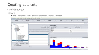 Creating data sets
• For 60%-20%-20%
• Step 1-
• Flow > Preprocess > Filter > Choose > Unsupervised > Instance > Resample
 