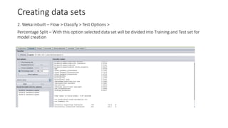Creating data sets
2. Weka inbuilt – Flow > Classify > Test Options >
Percentage Split – With this option selected data set will be divided into Training and Test set for
model creation
 