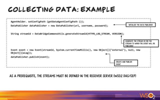 AgentHolder. setConfigPath (getDataAgentConfigPath ());
DataPublisher dataPublisher = new DataPublisher(url, username, password);
String streamId = DataBridgeCommonsUtils.generateStreamId(HTTPD_LOG_STREAM, VERSION);
Event event = new Event(streamId, System.currentTimeMillis(), new Object[]{"external"}, null, new
Object[]{aLog});
dataPublisher.publish(event);
Collecting Data: Example
Initialize the data publisher
Generate the stream ID for the
stream to which the event will be
published
Create and Publish
Event
As a prerequisite, the streams must be defined in the receiver server (WSO2 DAS/CEP)
 