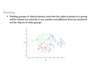 15
 Finding groups of objects/points such that the objects/points in a group
will be similar (or related) to one another and different from (or unrelated
to) the objects in other groups
Clustering
 