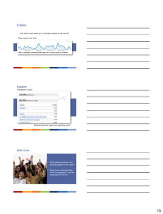 13
Explore
Are there times when a lot of people looked at the report?
Page views over time:
Explore
What links to the report are used the most?
Navigation routes:
And more….
• What external referrers are
sending people to the report?
• What types of people (New,
View, by geography, etc) are
most likely to view it?
 