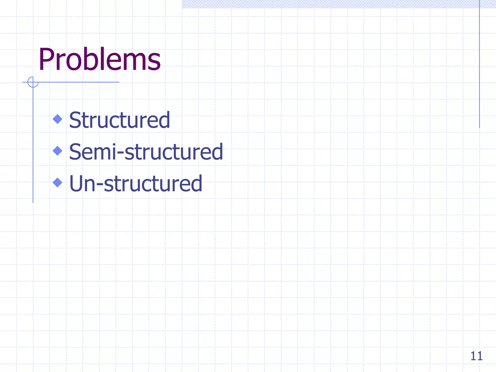 Problems
 Structured
 Semi-structured
 Un-structured

11

 