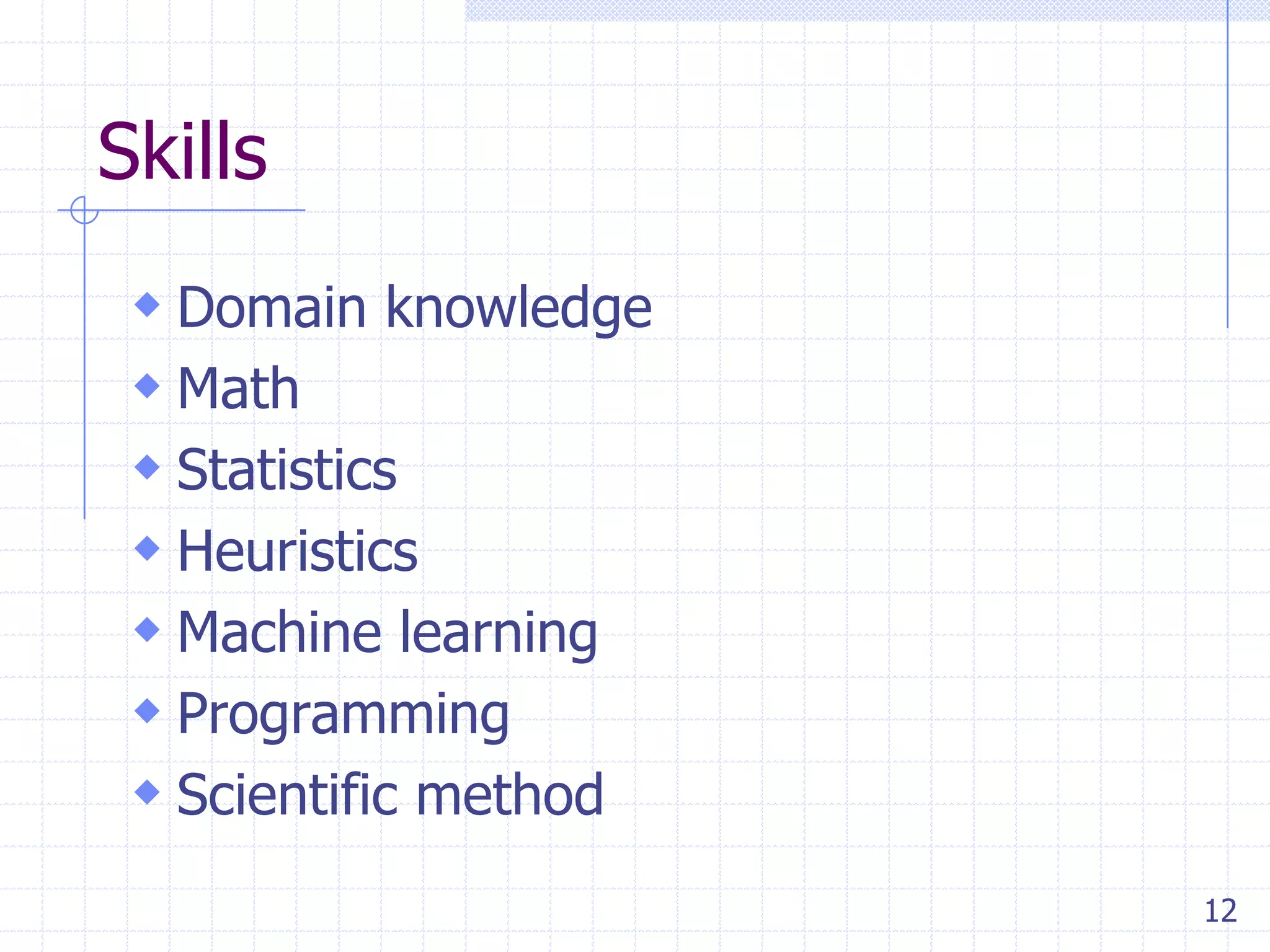 Skills
 Domain knowledge
 Math
 Statistics
 Heuristics
 Machine learning
 Programming
 Scientific method
12

 