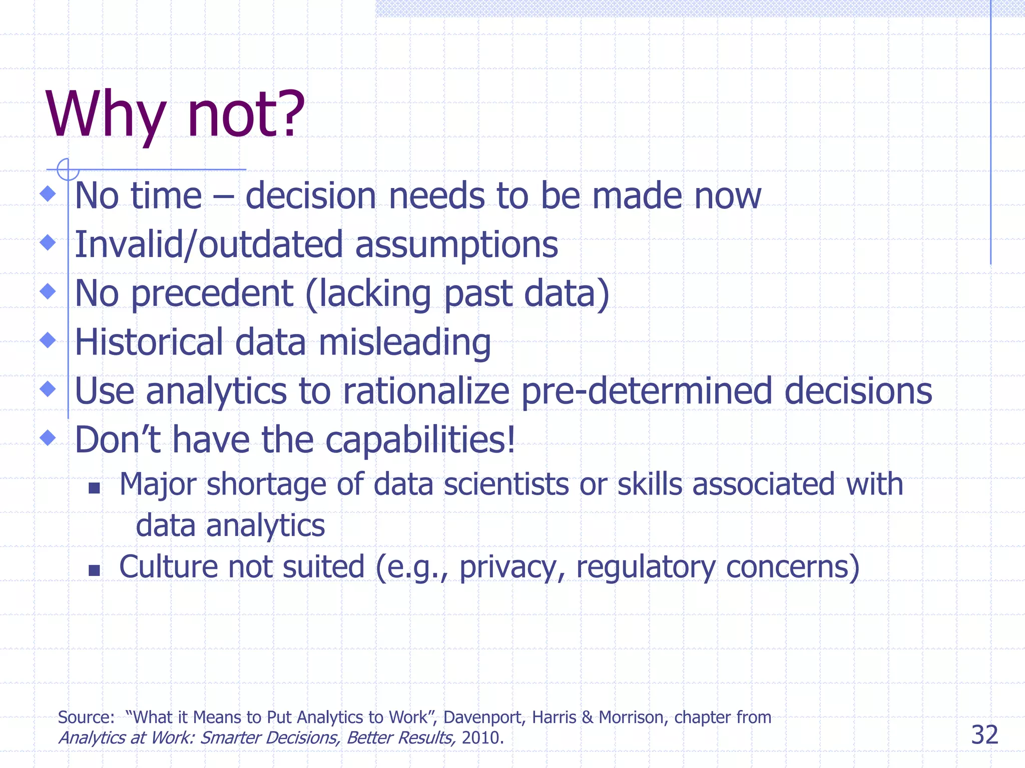 Why not?







No time – decision needs to be made now
Invalid/outdated assumptions
No precedent (lacking past data)
Historical data misleading
Use analytics to rationalize pre-determined decisions
Don’t have the capabilities!




Major shortage of data scientists or skills associated with
data analytics
Culture not suited (e.g., privacy, regulatory concerns)

Source: ―What it Means to Put Analytics to Work‖, Davenport, Harris & Morrison, chapter from
Analytics at Work: Smarter Decisions, Better Results, 2010.

32

 