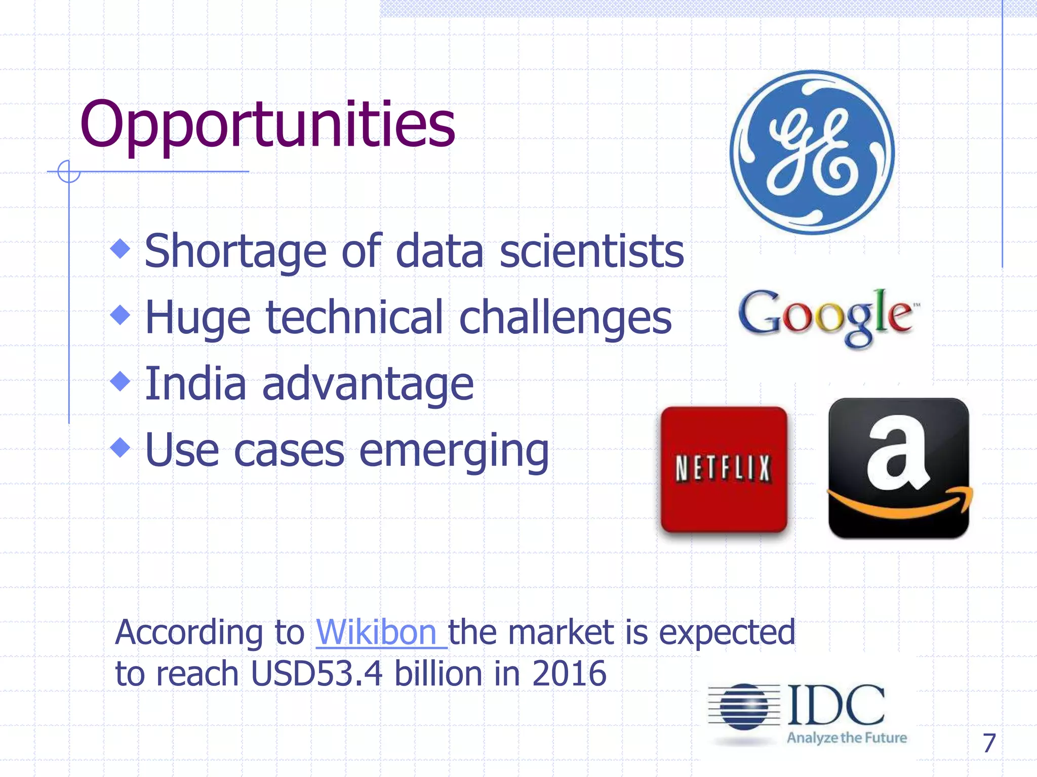 Opportunities
 Shortage of data scientists
 Huge technical challenges
 India advantage
 Use cases emerging

According to Wikibon the market is expected
to reach USD53.4 billion in 2016
7

 