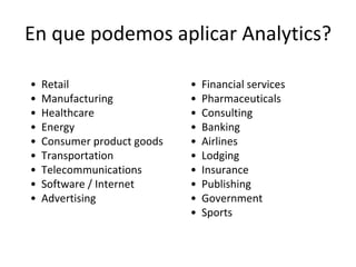 En que podemos aplicar Analytics?
• Retail
• Manufacturing
• Healthcare
• Energy
• Consumer product goods
• Transportation
• Telecommunications
• Software / Internet
• Advertising
• Financial services
• Pharmaceuticals
• Consulting
• Banking
• Airlines
• Lodging
• Insurance
• Publishing
• Government
• Sports
 