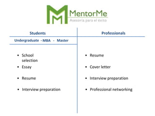 Students Professionals
• Resume
• Cover letter
• Interview preparation
• Professional networking
• School
selection
• Essay
• Resume
• Interview preparation
Undergraduate - MBA - Master
 