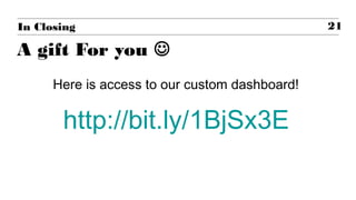 A gift For you 
In Closing
Here is access to our custom dashboard!
http://bit.ly/1BjSx3E
21
 