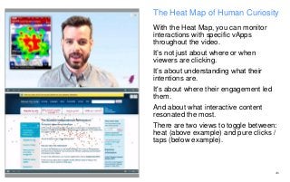 TOUCHCAST ‹#›
The Heat Map of Human Curiosity
With the Heat Map, you can monitor
interactions with specific vApps
throughout the video.
It’s not just about where or when
viewers are clicking.
It’s about understanding what their
intentions are.
It's about where their engagement led
them.
And about what interactive content
resonated the most.
There are two views to toggle between:
heat (above example) and pure clicks /
taps (below example).
 