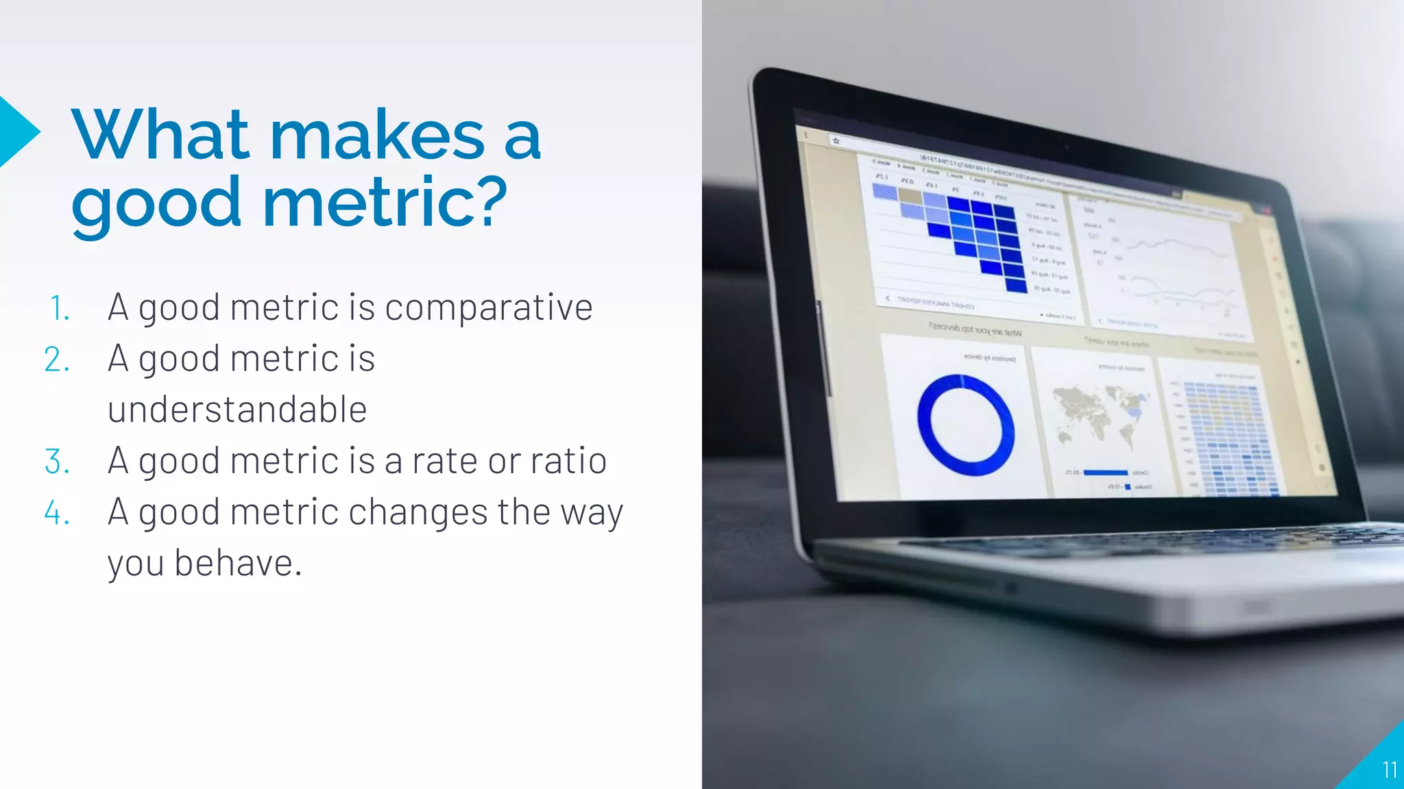 What makes a
good metric?
1. A good metric is comparative
2. A good metric is
understandable
3. A good metric is a rate or ratio
4. A good metric changes the way
you behave.
11
 