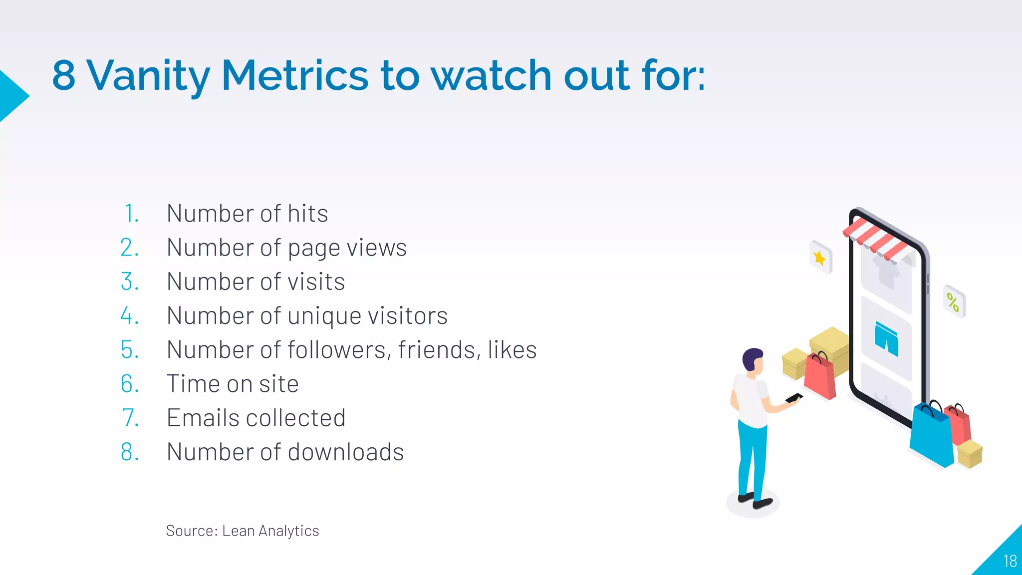 1. Number of hits
2. Number of page views
3. Number of visits
4. Number of unique visitors
5. Number of followers, friends, likes
6. Time on site
7. Emails collected
8. Number of downloads
Source: Lean Analytics
8 Vanity Metrics to watch out for:
18
 