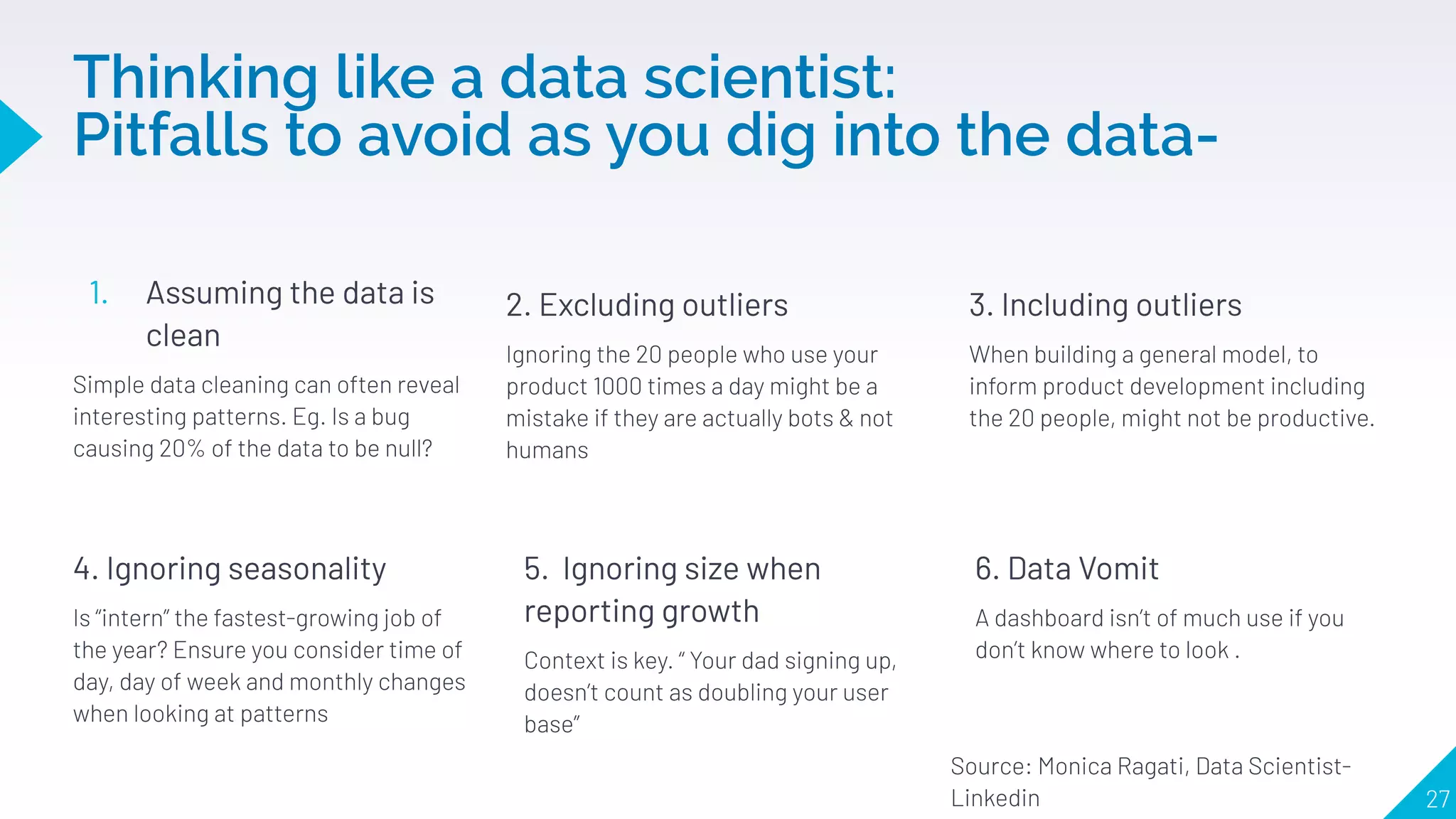 Thinking like a data scientist:
Pitfalls to avoid as you dig into the data-
1. Assuming the data is
clean
Simple data cleaning can often reveal
interesting patterns. Eg. Is a bug
causing 20% of the data to be null?
2. Excluding outliers
Ignoring the 20 people who use your
product 1000 times a day might be a
mistake if they are actually bots & not
humans
3. Including outliers
When building a general model, to
inform product development including
the 20 people, might not be productive.
27
4. Ignoring seasonality
Is “intern” the fastest-growing job of
the year? Ensure you consider time of
day, day of week and monthly changes
when looking at patterns
5. Ignoring size when
reporting growth
Context is key. “ Your dad signing up,
doesn’t count as doubling your user
base”
6. Data Vomit
A dashboard isn’t of much use if you
don’t know where to look .
Source: Monica Ragati, Data Scientist-
Linkedin
 