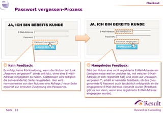 Checkout

        Passwort vergessen-Prozess




 Kein Feedback:                                            Mangelndes Feedback:
Es erfolgt keine Rückmeldung, wenn der Nutzer den Link     Gibt der Nutzer eine nicht registrierte E-Mail-Adresse ein
„Passwort vergessen?“ direkt anklickt, ohne eine E-Mail-   (beispielsweise weil er unsicher ist, mit welcher E-Mail-
Adresse eingegeben zu haben. Stattdessen wird lediglich    Adresse er sich registriert hat) und klickt auf „Passwort
die (unveränderte) Seite neugeladen. Hier wird             vergessen?“, erhält er keinerlei Feedback, ob das (neu
normalerweise von den Nutzern eine Abfrage / neue Seite    generierte?) Passwort auch tatsächlich erfolgreich an die
erwartet zur erneuten Zusendung des Passwortes.            eingegebene E-Mail-Adresse versandt wurde (Feedback
                                                           gibt es nur dann, wenn eine registrierte E-Mail-Adresse
                                                           eingegeben wurde).




 Seite 13
 