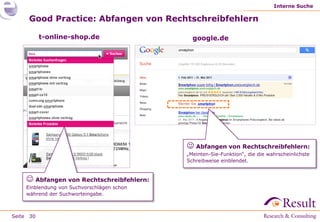 Interne Suche

     Good Practice: Abfangen von Rechtschreibfehlern

           t-online-shop.de                   google.de




                                             Abfangen von Rechtschreibfehlern:
                                            „Meinten-Sie-Funktion“, die die wahrscheinlichste
                                            Schreibweise einblendet.


     Abfangen von Rechtschreibfehlern:
    Einblendung von Suchvorschlägen schon
    während der Suchworteingabe.



Seite 30
 