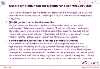 Sortimentsnavigation

     Unsere Empfehlungen zur Optimierung der Menüstruktur

    Durch Umorganisation der Menüstruktur lassen sich die Klickraten für attraktive
     Produkte noch weiter steigern (Fahrzeuge: +18,24% und Konstruktionsspielzeug:
     +36,26%).
  (Re-)Organisation der Menühierarchien:
   Die Anordnung der Kategorien in der Menühierarchie sollte sowohl nach
   sachlogischen Prinzipien organisiert werden (Ähnliches sollte nah beieinander
   stehen) als auch strategischen Überlegungen folgen (welches Produkt soll die
   meiste Aufmerksamkeit erhalten). Produkte, auf die Sie verstärkt aufmerksam
   machen möchte, sollten weiter oben in der Menühierarchie stehen.
  Kontinuierliche Kontrolle der Klickrate per Website Overlay:
   Zur Kontrolle der Klickraten der einzelnen Menükategorien sollte Sie ein
   regelmäßiges Monitoring der Klicks durch ein Website Overlay etablieren. In
   größeren Abständen sollten weitergehende Analysen in Form von Pfadanalysen
   durchgeführt werden: Wo kommen die Besucher der Kategorien her und wo gehen
   sie anschließend hin? Welche Absprungraten besitzen einzelne Kategorien und wie
   lange halten sich die Besucher dort im Durchschnitt auf? (Hinweis auf Interesse)



Seite 36
 