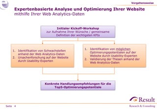 Vorgehensweise

     Expertenbasierte Analyse und Optimierung Ihrer Website
     mithilfe Ihrer Web Analytics-Daten


                                Initialer Kickoff-Workshop
                         zur Aufnahme Ihrer Wünsche / gemeinsame
                                Definition der wichtigsten KPIs



                                                1. Identifikation von möglichen
    1. Identifikation von Schwachstellen
                                                   Optimierungspotentialen auf der
       anhand der Web Analytics-Daten
                                                   Website durch Usability-Experten
    2. Ursachenforschung auf der Website
                                                2. Validierung der Thesen anhand der
       durch Usability-Experten
                                                   Web Analytics-Daten




                        Konkrete Handlungsempfehlungen für die
                             Top5-Optimierungspotentiale




Seite 4
 