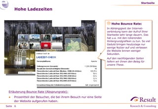 Startseite

     Hohe Ladezeiten


                                                                      Hohe Bounce Rate:
                                                                     In Abhängigkeit der Internet-
                                                                     verbindung kann der Aufruf Ihrer
                                                                     Startseite sehr lange dauern. Das
                                                                     hat u.a. mit den rotierenden
                                                                     Hintergrundgrafiken zu tun. So viel
                                                                     Geduld bringen heutzutage nur
                                                                     wenige Nutzer auf und verlassen
                                                                     die Website binnen weniger
                                                                     Sekunden.
                                                                     Auf den nachfolgenden Seiten
                                                                     liefern wir Ihnen den Beleg für
                                                                     unsere These.




 Erläuterung Bounce Rate (Absprungrate):
 ●   Prozentteil der Besucher, die bei ihrem Besuch nur eine Seite
     der Website aufgerufen haben.
Seite 6
 
