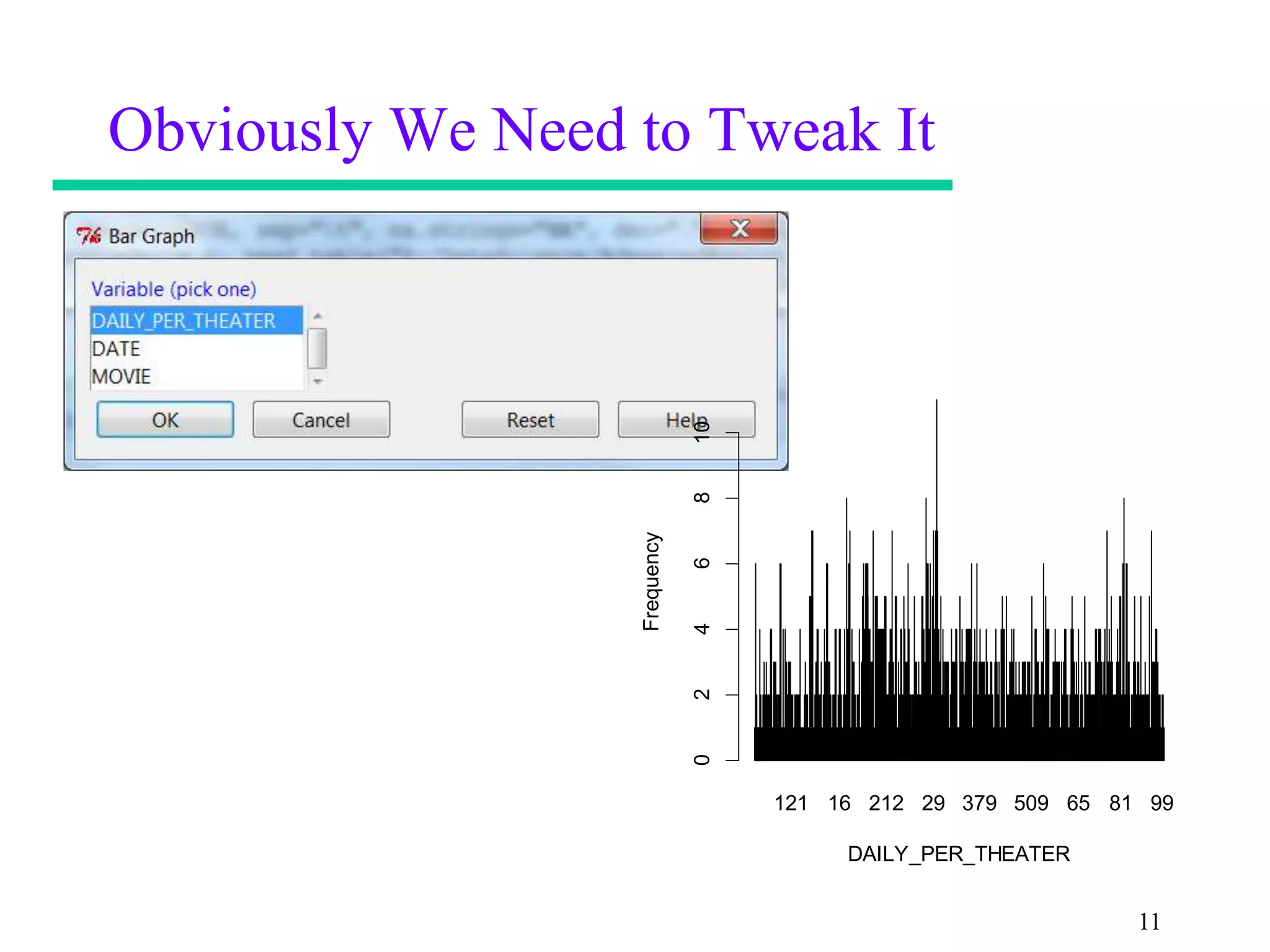Obviously We Need to Tweak It




                              10
                              8
                  Frequency

                              6
                              4
                              2
                              0



                                   121 16 212 29 379 509 65 81 99

                                        DAILY_PER_THEATER


                                                              11
 