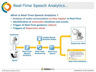 Real-Time Speech Analytics…

              What is Real-Time Speech Analytics ?
               Analysis of audio conversations as they happen in Real-Time
               Identification of actionable situations and events
               Trigger of Real-Time guidance callouts
               Triggers of Supervisor alerts


             Customer
                                                     Insight Based
                                                     Business Rules

                                                                           Supervisor Alert



                                                                       ! Guidance                  
                                 Real-Time   Real-Time     Real-Time
                                  Speech     Decisioning    Action
                                 Analytics


                Agent
                                                                       Real Time Guidance




© 2011 Business Systems UK Ltd                                                      CONFIDENTIAL. DO NOT DISTRIBUTE
 