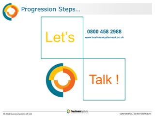 Progression Steps…




                                 Let’s
                                          0800 458 2988
                                         www.businesssystemsuk.co.uk




                                           Talk !

© 2011 Business Systems UK Ltd                                   CONFIDENTIAL. DO NOT DISTRIBUTE
 