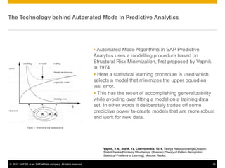 © 2015 SAP SE or an SAP affiliate company. All rights reserved. 19
The Technology behind Automated Mode in Predictive Analytics
 Automated Mode Algorithms in SAP Predictive
Analytics uses a modelling procedure based on
Structural Risk Minimization, first proposed by Vapnik
in 1974
 Here a statistical learning procedure is used which
selects a model that minimizes the upper bound on
test error.
 This has the result of accomplishing generalizability
while avoiding over fitting a model on a training data
set. In other words it deliberately trades off some
predictive power to create models that are more robust
and work for new data.
Vapnik, V.N., and A. Ya. Chervonenkis, 1974. Teoriya Raspoznavaniya Obrazov:
Statisticheskie Problemy Obucheniya. (Russian) [Theory of Pattern Recognition:
Statistical Problems of Learning]. Moscow: Nauka.
 