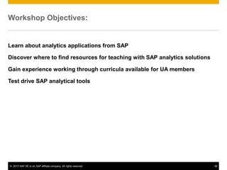 © 2015 SAP SE or an SAP affiliate company. All rights reserved. 36
Workshop Objectives:
Learn about analytics applications from SAP
Discover where to find resources for teaching with SAP analytics solutions
Gain experience working through curricula available for UA members
Test drive SAP analytical tools
 