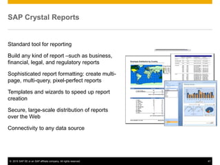 © 2015 SAP SE or an SAP affiliate company. All rights reserved. 47
SAP Crystal Reports
Standard tool for reporting
Build any kind of report –such as business,
financial, legal, and regulatory reports
Sophisticated report formatting: create multi-
page, multi-query, pixel-perfect reports
Templates and wizards to speed up report
creation
Secure, large-scale distribution of reports
over the Web
Connectivity to any data source
 