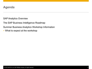 © 2015 SAP SE or an SAP affiliate company. All rights reserved. 5
Agenda
SAP Analytics Overview
The SAP Business Intelligence Roadmap
Summer Business Analytics Workshop Information
 What to expect at the workshop
 