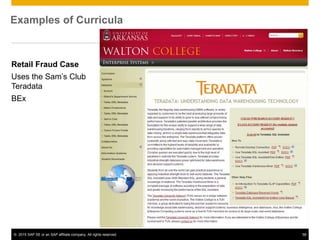 © 2015 SAP SE or an SAP affiliate company. All rights reserved. 58
Examples of Curricula
Retail Fraud Case
Uses the Sam’s Club
Teradata
BEx
 