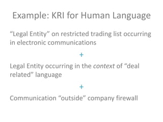 Example: KRI for Human Language
“Legal Entity” on restricted trading list occurring
in electronic communications

+
Legal Entity occurring in the context of “deal
related” language

+
Communication “outside” company firewall

 