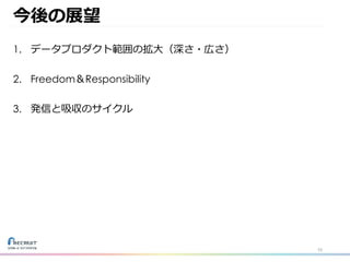 今後の展望
1. データプロダクト範囲の拡⼤（深さ・広さ）
2. Freedom＆Responsibility
3. 発信と吸収のサイクル
10
 