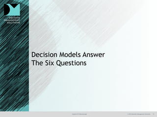 @jamet123 #decisionmgt © 2016 Decision Management Solutions 17
Decision Models Answer
The Six Questions
 