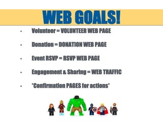 WEB GOALS!
• Volunteer = VOLUNTEER WEB PAGE
• Donation = DONATION WEB PAGE
• Event RSVP = RSVP WEB PAGE
• Engagement & Sharing = WEB TRAFFIC
• *Confirmation PAGES for actions*
 
