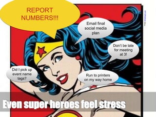 Don’t be late
for meeting
at 3!
Email final
social media
plan
Run to printers
on my way home
Did I pick up
event name
tags?
REPORT
NUMBERS!!!
Even super heroes feel stress
 